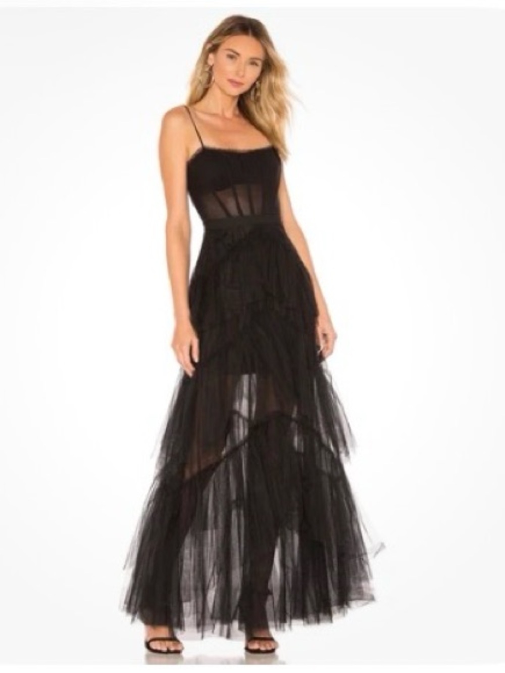 BCBGMAXAZRIA Oly Tiered Ruffle Tulle Evening Gown Black Size 6 - Picture 3 of 14